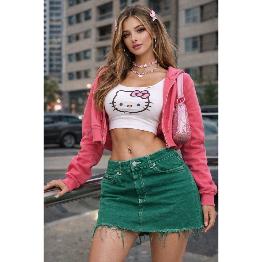 Topshop Y2K Green Denim Mini Skirt Womens US 4 Frayed Raw Hem Streetwear Y2K Era